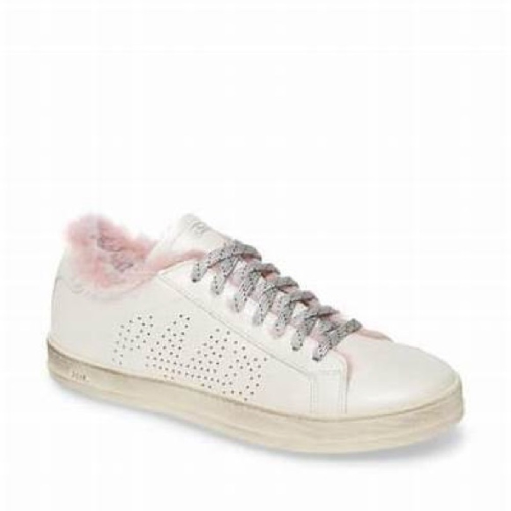 P448 John White Leather Sneakers Tennis Shoes with Pink Faux Fur Trim EU 39/9